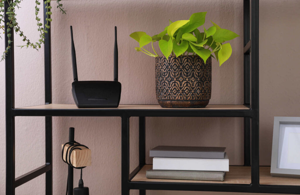 a wifi router and a pot of plant on a shelf