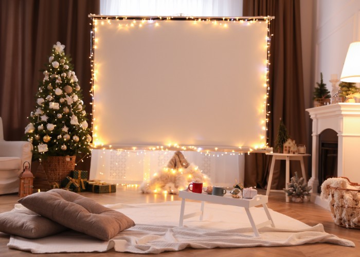 A cozy theater room with christmas decor