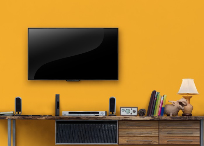 TV stand in the living room with vibrant backdrop
