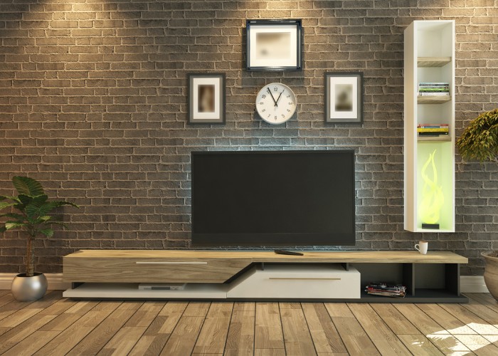 Wooden TV stand, TV and picture on the wall