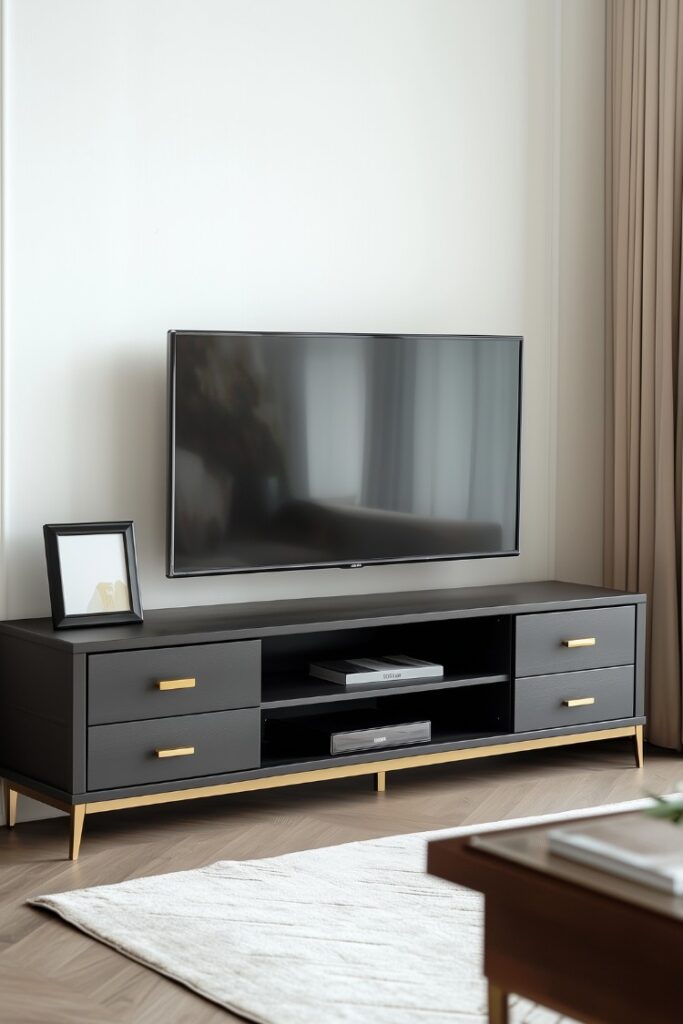 black tv stand under a mounted tv