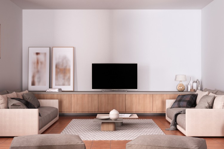 couch, TV stand, and TV in the luxury modern Living room
