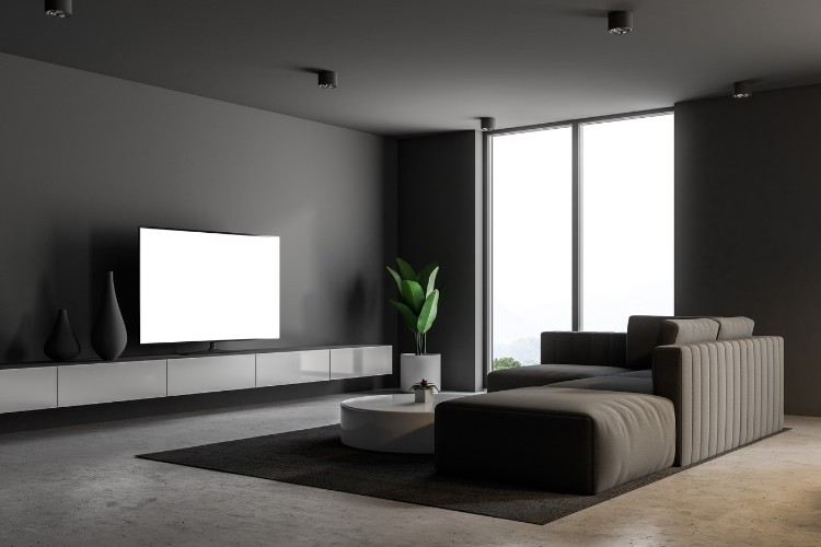 couch, TV stand, and TV in the simple modern Living room