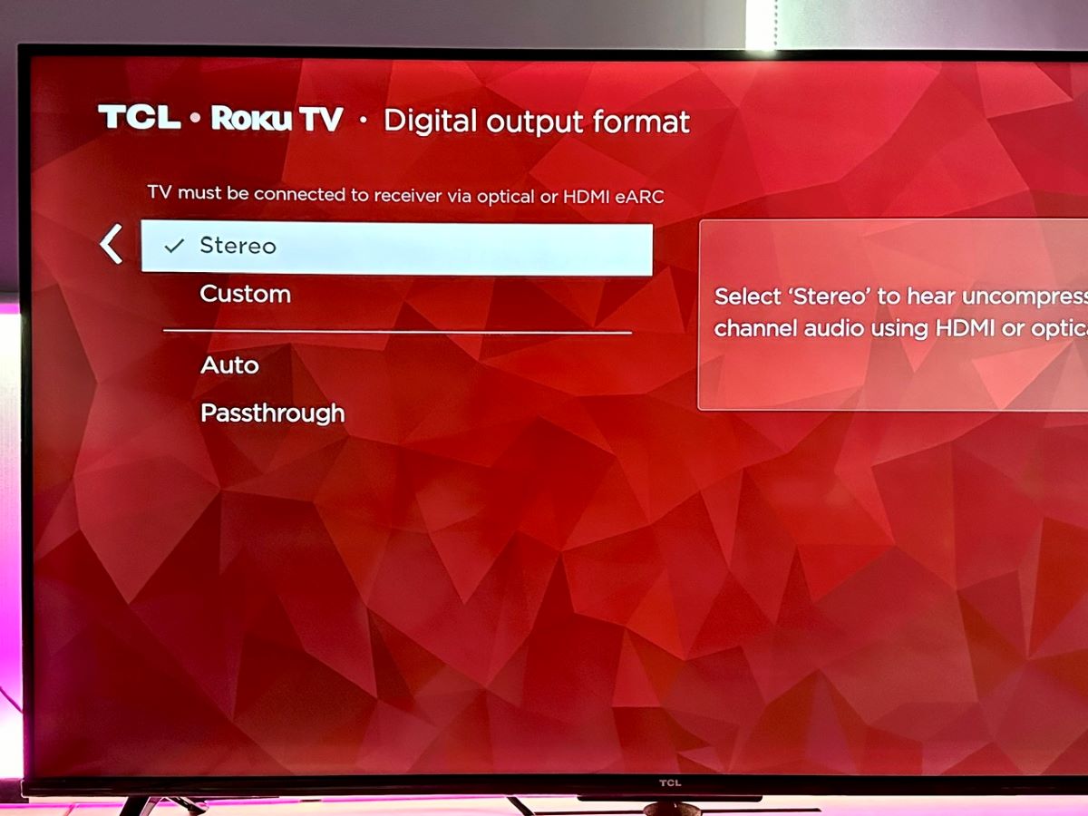 stereo option on a tcl roku tv is highlighted