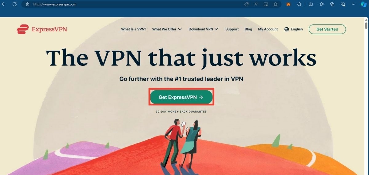 The ExpressVPN home page with the Get ExpressVPN button highlighted in red box