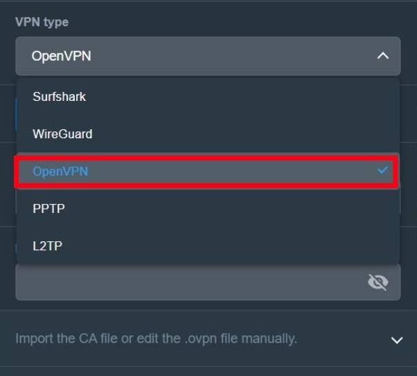 The VPN type is set to OpenVPN on Asus router