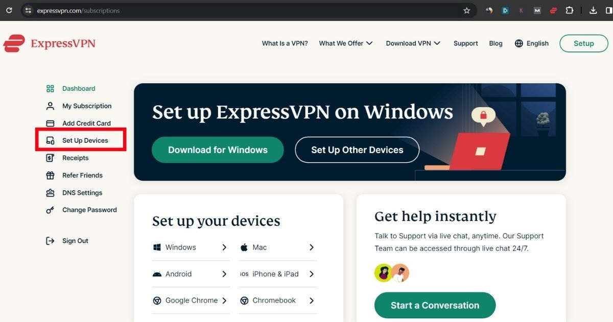 The interface of the ExpressVPN with the Set up devices is getting highlighted in a red box