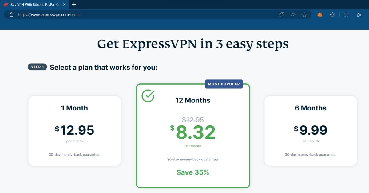The plans of ExpressVPN from the lowest to highest price