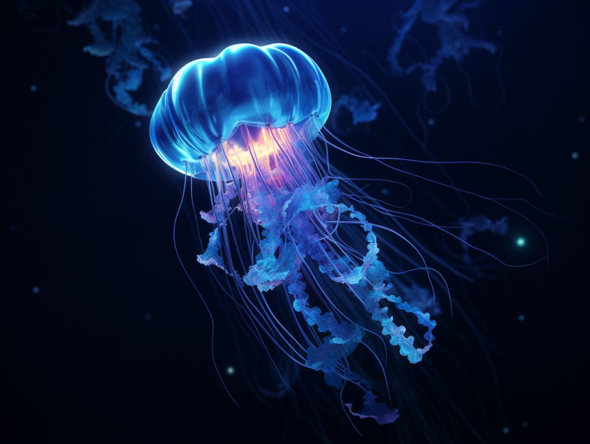 A Blue Glowing Jellyfish Swiming alone in the deep dark blue sea