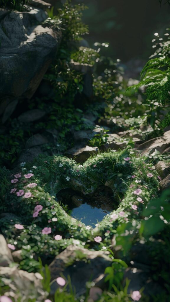 A Heart Shaped Lake With Flowers Growing On Rocks