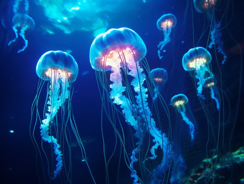 A pack of blue glowing jellyfish in the ocean