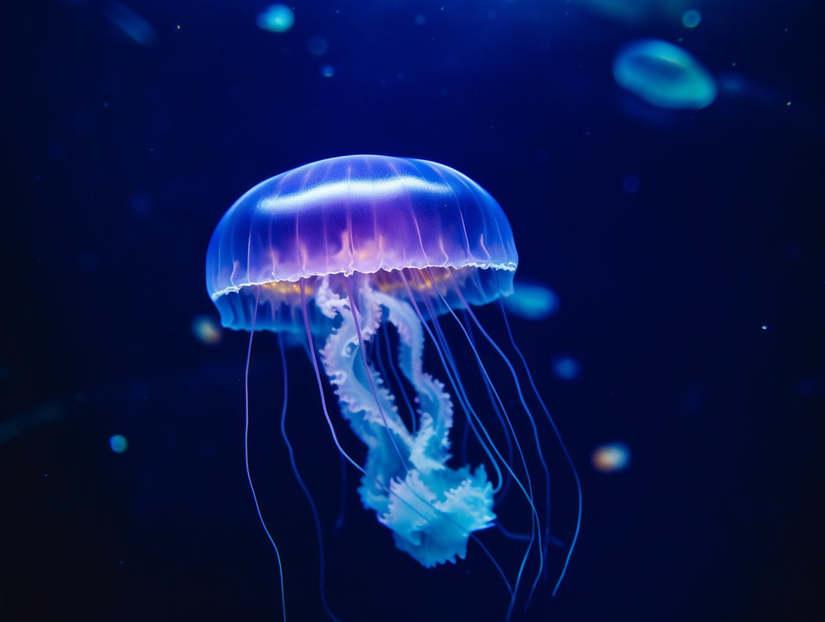 Blue Glowing Jellyfish in the Deep Blue Sea