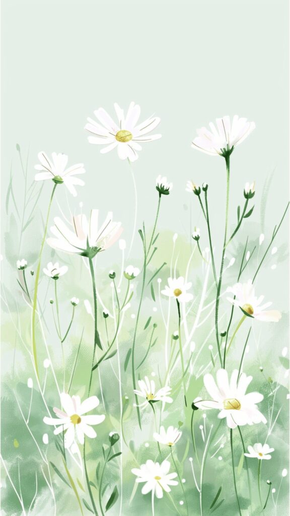Drawing of White Daisies on Green Leaves