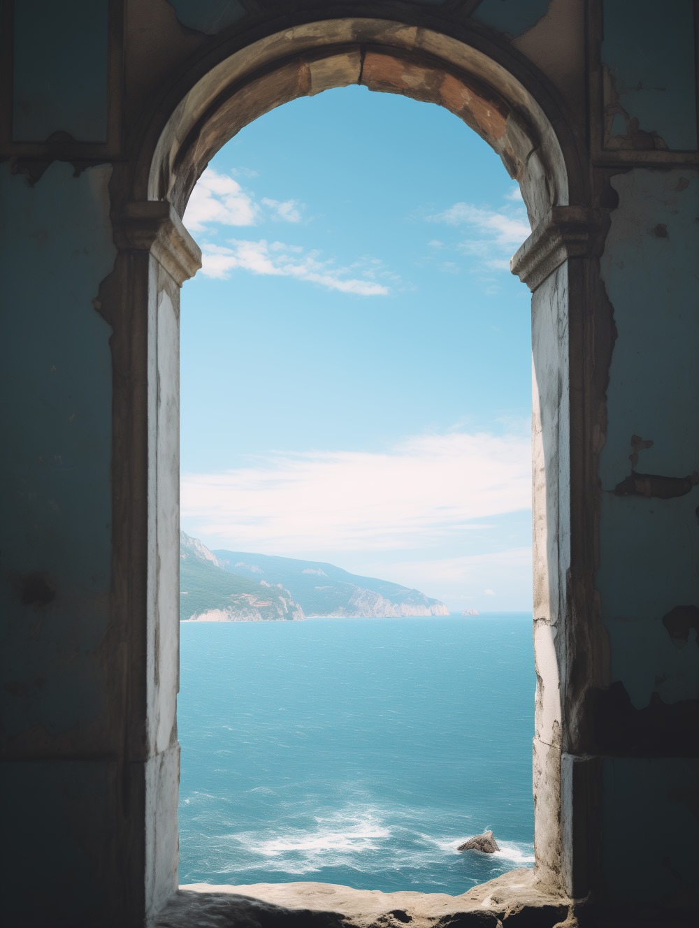 An antique window view to the soft blue ocean