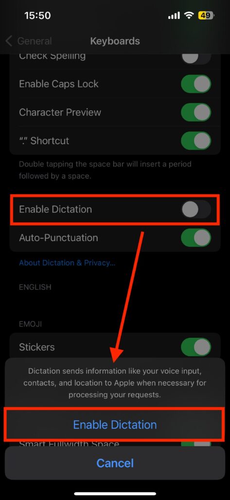 Find and switch on Enable Dictation. If it asks for confirmation, tap Enable Dictation again - 1
