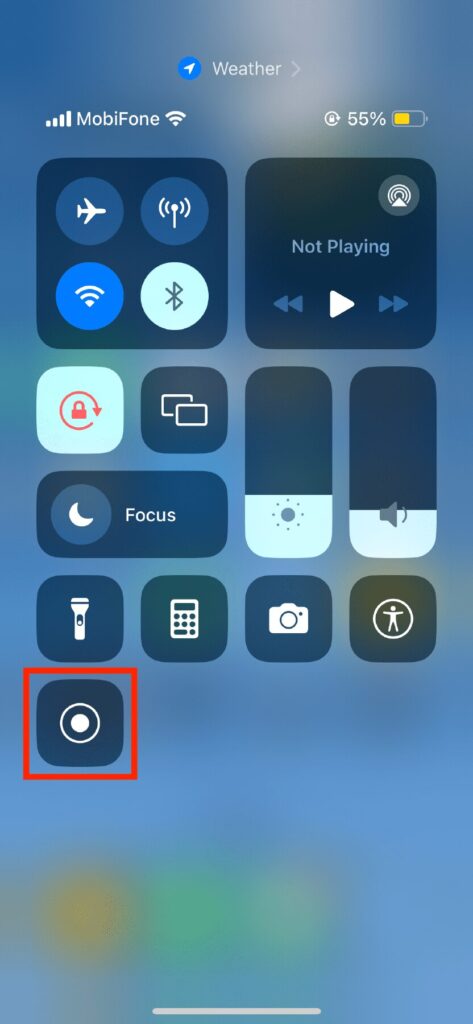 Find the Screen Recording button (it looks like a solid circle inside another circle) and press and hold it to bring up the Screen Recording options