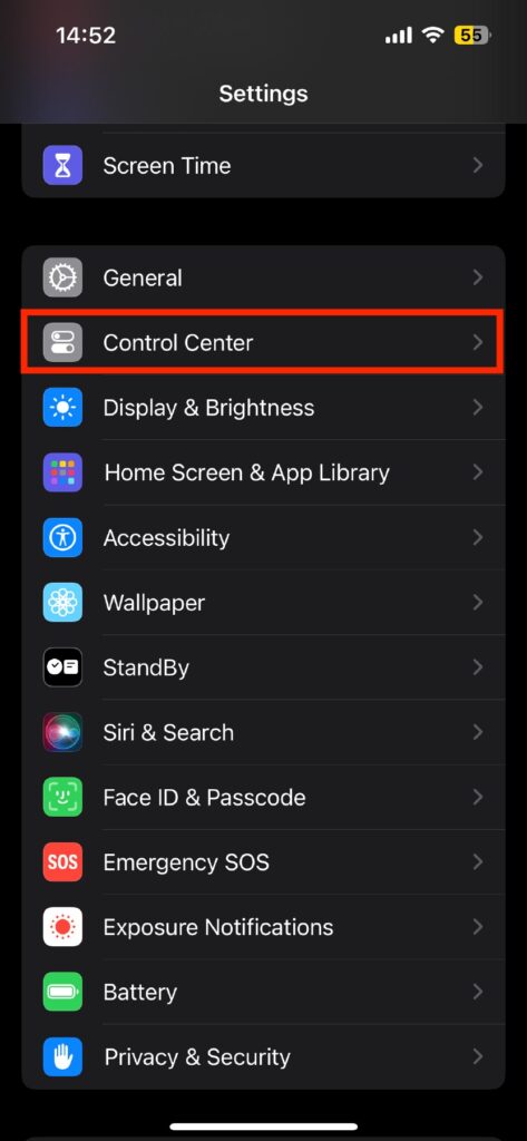 Go to Settings, scroll down and tap on Control Center