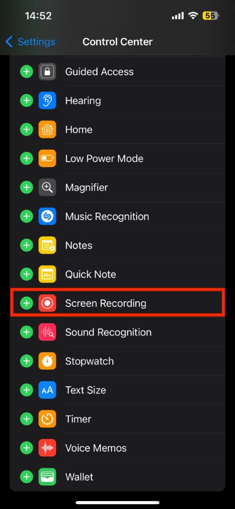 Scroll down to More Controls and find Screen Recording. Tap the green plus icon next to it