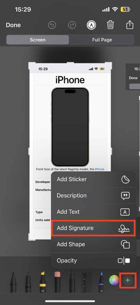 Tap the + button, select Add Signature, and sign with your finger