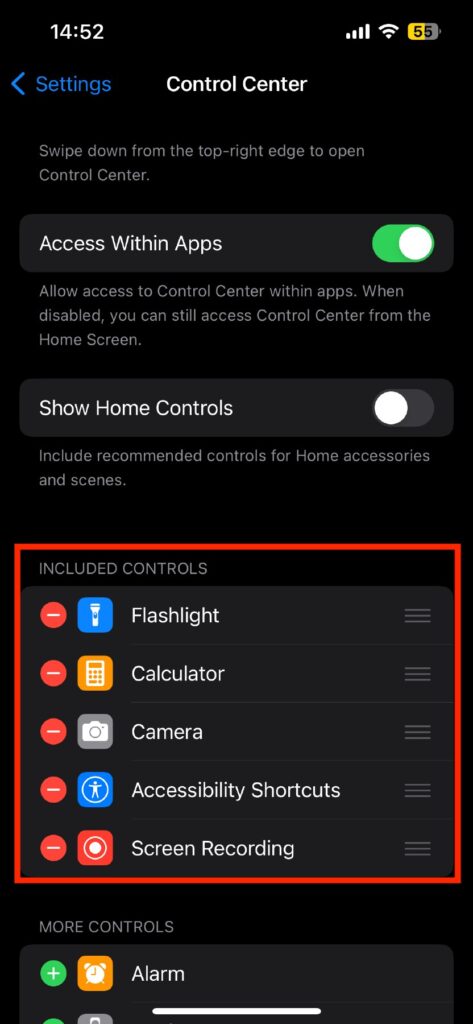 This action moves the Screen Recording button to the Included Controls list, meaning it will now show up in your Control Center