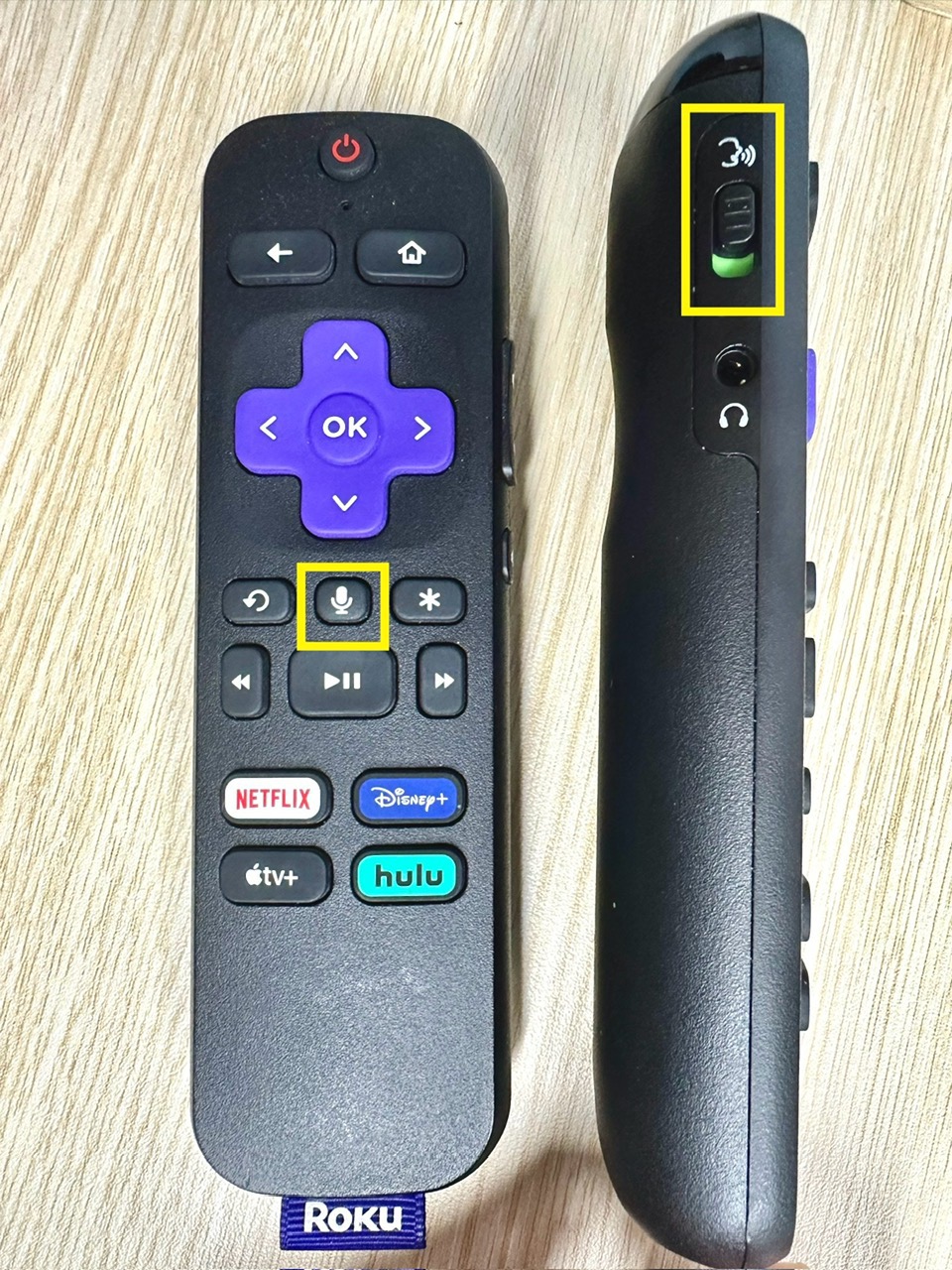 roku remotes with mic and hands-free buttons highlighted