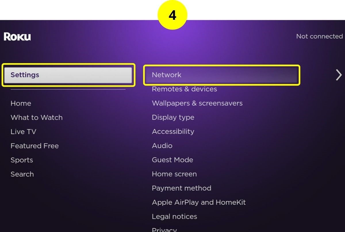 step 4 - get back to settings then select network on roku